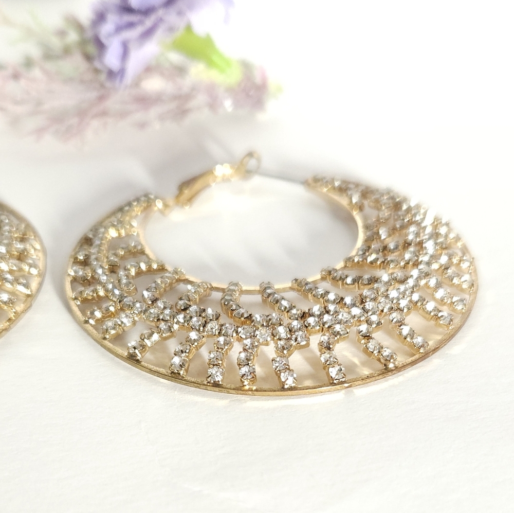 Gold Tone Crystal Hoop Earrings Large Crystal Statement Hoop Earrings - Picture 12 of 14